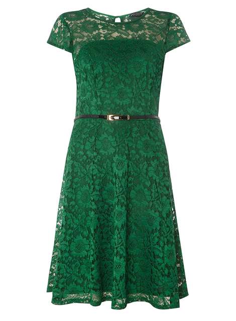 Green Lace Belted Fit And Flare Dress